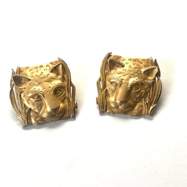 Leopard Earrings, Vintage Earrings, Gold Toned Earrings, Clip-On Earrings, Earrings By Parklane, Stamped Earrings, 80s Earrings 