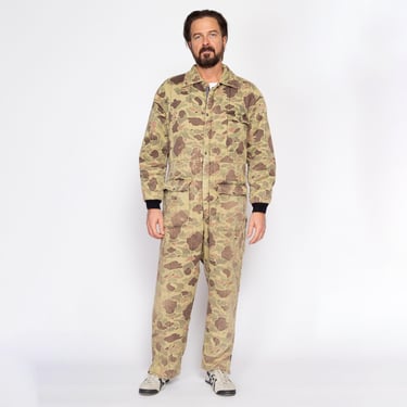 Large 80s Duck Hunt Camo Quilted Coveralls | Vintage Camouflage Outdoor Gear Hunting Jumpsuit 