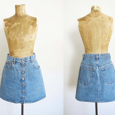 Vintage 90s Calvin Klein Denim Mini Skirt Small - Button Front Blue Jean A Line Skirt - High Waist Short Skirt 
