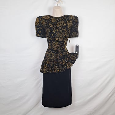 Vintage 80s / 90s Black & Gold Velvet Formal Dress 