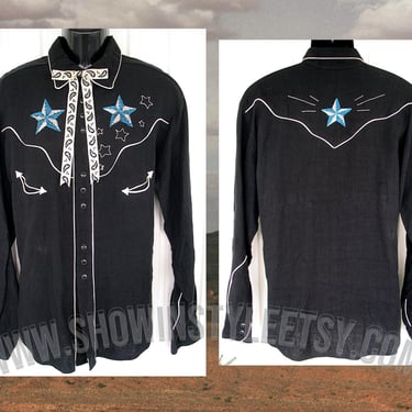 Vintage Retro Western Men's Cowboy & Rodeo Shirt by Ramonster, Black with Embroidered Blue and White Stars, Approx. XXL (see meas. photo) 