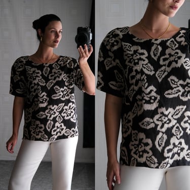 Vintage 80s Adrienne Vittadini Black & Natural Floral Print Linen Pocket Tee Top | 100% Linen | 1980s Designer Boxy Fit Linen T-Shirt Blouse 