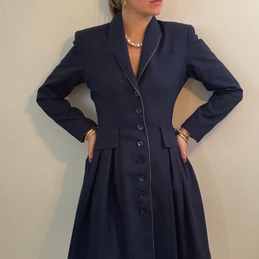 90s Myrene de Premonville fitted blazer / vintage midnight blue wool gabardine nipped waist French designer long blazer dress | Small 