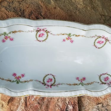 Bavarian China Tray~Vintage Hand Painted Floral China Dresser Tray~White w/ Pink Flowers Hand Decorated Serving Dish~JewelsandMetals 