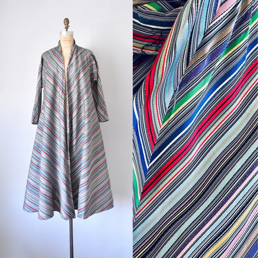 Maxan 1950s rainbow stripes swing coat, taffeta chevron overcoat, 50s duster 