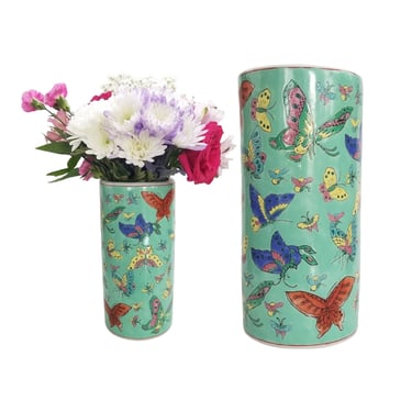 Vintage Butterfly Vase / Hand Painted Chinoiserie Vase / Multi Color Moth Motif Ceramic Canister Vase / Tall Cylindrical Table Centerpiece 