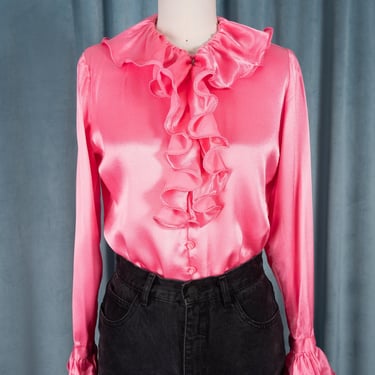 Amazing Vintage 1960s Gregory / Union Made Bubblegum Pink High Shine Ruffle Front Frill Blouse 