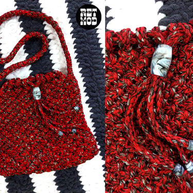 Unique Vintage 70s Red Black Macrame Boho Handbag 