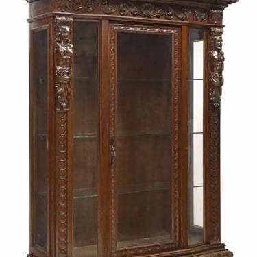 Antique Vitrine Bookcase, Italian Renaiss. Revival, Carved, Walnut, Early 1900s!