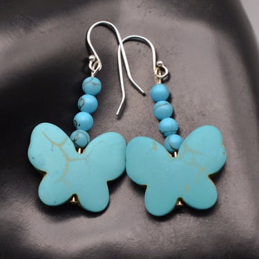 70's blue howlite 925 silver boho butterfly dangles, abstract beaded winged insect sterling wire earrings 