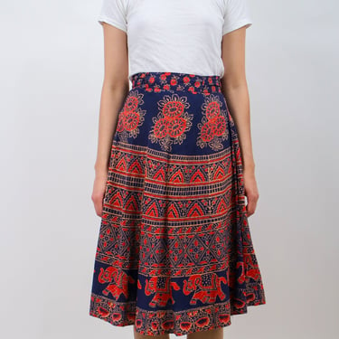 1970s Paisley Navy and Red Midi Wrap Skirt