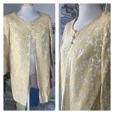 Vintage 1960s Brocade 3/4 Sleeve Swing Jacket in Sunshine Yellow | Mod Floral Embroidered Coat | Size 