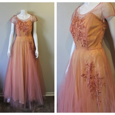 Vintage 40s 1940s DU BARRY Formal Gown Salmon Coral Rhinestone Pearl Beaded Tulle Layered Cupcake Prom Event Dress // US 0 2 Waist 26 inches 