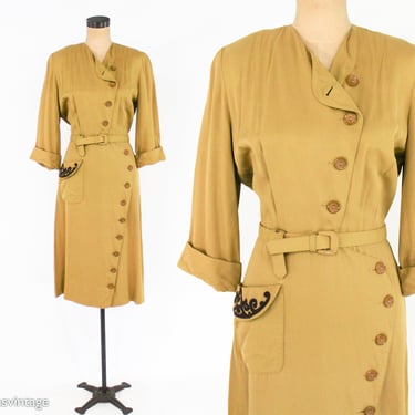 1940s Gold Gabardine Dress | 40s Mustard Yellow Gabardine Dress | Charles Hymln Casual | Medium 