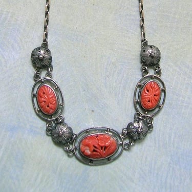 Antique 1920's Sterling Silver and Carved Coral Floral Necklace, 1920's Silver Coral Necklace, Antique Chinese Export Necklace (#4469) 