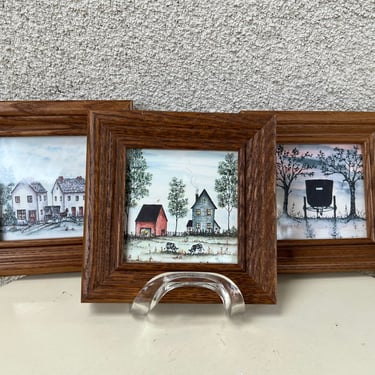 Vintage cottage chic kitsch miniature print art by M B Frey Amish old country theme set 3 