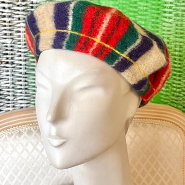 Wool Tartan Hat Beret, Soft Fuzzy, Preppy Plaid Tam, Unisex, Vintage 60s 