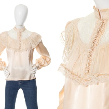 Vintage 1970s Blouse | 70s GUNNE SAX Cream Satin Lace Victorian Revival Boho Long Sleeve Button Up Top (medium) 