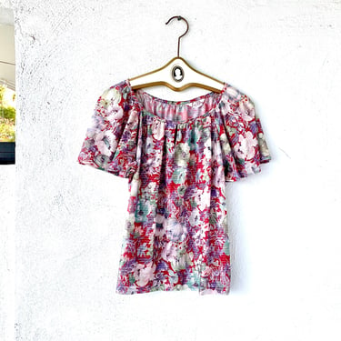 Vintage 70s Boho Metallic Floral Lurex Swing Top Flowy Shirt 