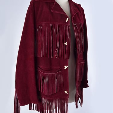 Maroon Burgundy SUEDE Leather Fringe Coat Jacket Hippie 1970's Vintage MEDIUM Western Indian Native American style 