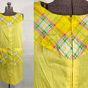 Vintage Gilead House Dress Nightgown Pajamas Plaid PJ Sleep Yellow Sleepwear Dress Nightshirt Sleeveless Small Medium 1960s 