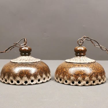 Pair Vintage Cone Chocolate Brown Ceramic Pendant Lights, Denmark, 1970s 