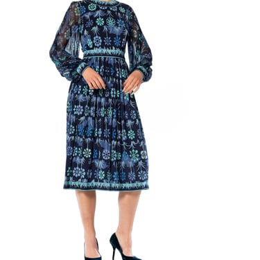 1960S PUCCI Style Mixed Blues Silk Jersey Dress With Chiffon Sleeves & Couture Finishing 