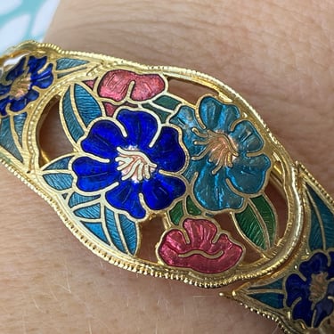 vintage cloisonné cuff 1970s enamel flower clamper bracelet 