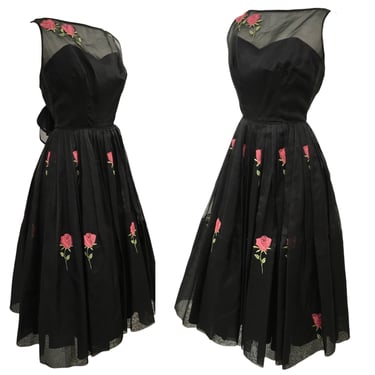 Vtg Vintage 1950s 50s Black Sheer Rose Appliqué Fit And Flare Party Dress 