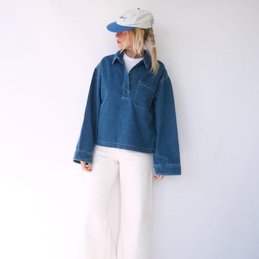 Vintage Medium Denim Lightweight Popover Tunic Shirt | Cotton Henley Pullover | Artist Studio Top 