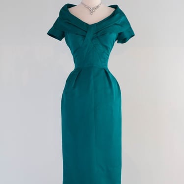 Divine 1950's Emerald Green Silk Cocktail Dress / Small