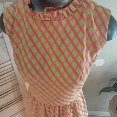 Vintage 60s Maxi Dress /Chartreuse /Pink?Orange Whipped Cream / Mod / sz S/M 