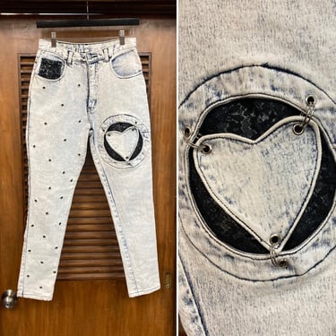 Vintage 1980’s w28 Acid Wash Lace Heart Grommet Detail Skinny Leg Rock n’ Roll Denim Jeans, 80’s Vintage Clothing 