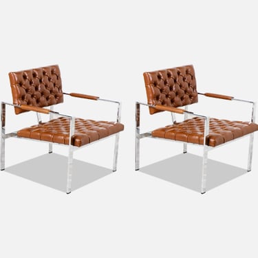 Milo Baughman Cognac Leather & Chrome Lounge Chairs for Thayer Coggin