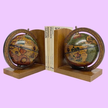 Vintage Olde World Globe Bookends Retro 1970s Mission Craftsman + Set of 2 + Wood and Metal + Rotating Gobes + MCM Book Storage and Display 