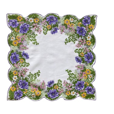 Pretty purple & yellow floral vintage handkerchief. Cotton hanky with spring flowers, scalloped edge and white center. Springtime accessory 