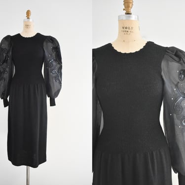1980s Toula Black Sweater Knit Dress with Organza Appliqued Sleeves 