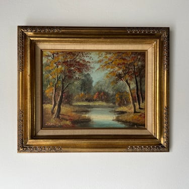 70's W. Kas Impressionist Stream - Autumn Landscape Oil Painting, Framed 