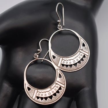 70's Egyptian 800 silver hippie dangles, handcrafted open silver oval tribal hoop earrings 