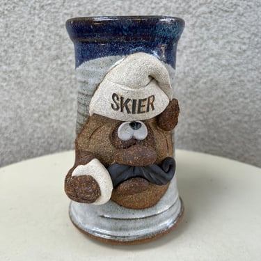 Vintage stoneware studio art pottery mug kitsch 3D Skier theme holds 12 oz. Signed 