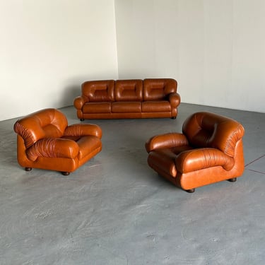 Vintage Italian Ruched Cognac Leather Mid-Century Modern Seating Set, 1970s / Set of 3 