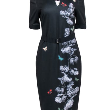 Ted Baker - Black Short Sleeve Sheath Dress w/ Flower &amp; Butterfly Print Sz 4