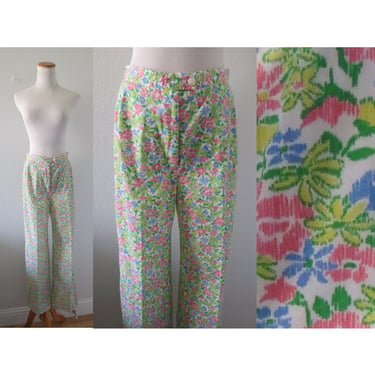 Vintage Floral Print Trouser Pants Groovy Mod High Waisted Flower Power Pant Size Small 