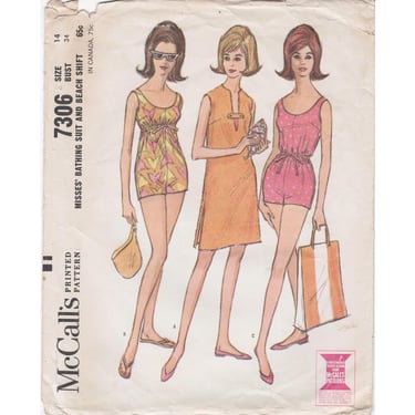 Vintage 1960s McCall's Sewing Pattern 7306, Misses' Bathing Suit and Beach Shift, Size 14 Bust 34, VFG 