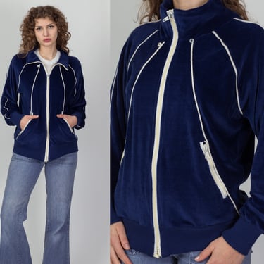 70s 80s Blue Velour Track Jacket - Men's Medium | Vintage Winning Ways Streetwear Zip Up Sweatshirt 