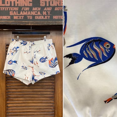 Vintage 1950’s “McGregor” Atomic Fish Cotton Hawaiian Swim Trunks, Vintage Hawaiian Shirt 