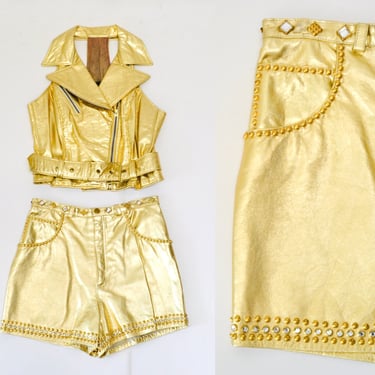 80s Vintage Gold Leather Shorts Hot Pants Leather Studded rhinestone Shorts Small Medium Metallic Gold shorts// Vintage Leather Shorts 