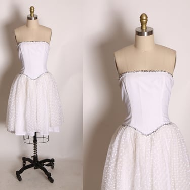 1980s White and Silver Strapless Tulle Prom Pageant Princess Mini Dress -XS 