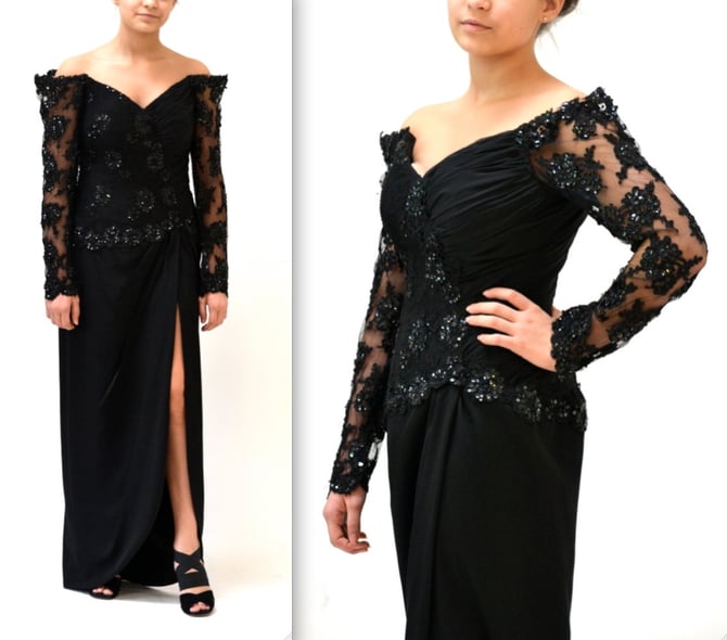 Vintage Black Evening Gown Black Lace DRESS With Beading and Sequins Size Small Medium// Black Beaded Illusion Lace Dress SIze Small Medium 