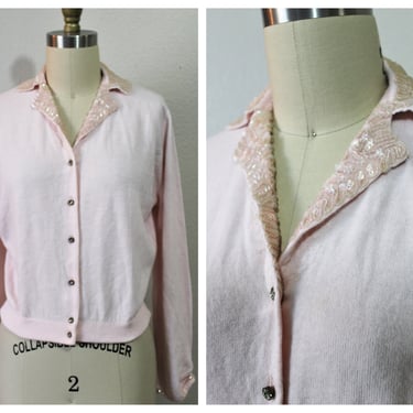 Vintage 1950s 60s Rosanna Light Pink Beaded Collar Cardigan Orlon Pinup Sweater Rhinestone Buttons  // Modern Size US 2 4 6 8 Small Med 